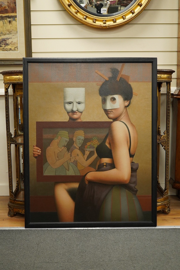 Jane Lewis (b.1953), oil on canvas, 'Maskers', unsigned, details verso, 99 x 75cm. Condition - fair to good, couple of very minor scuffs